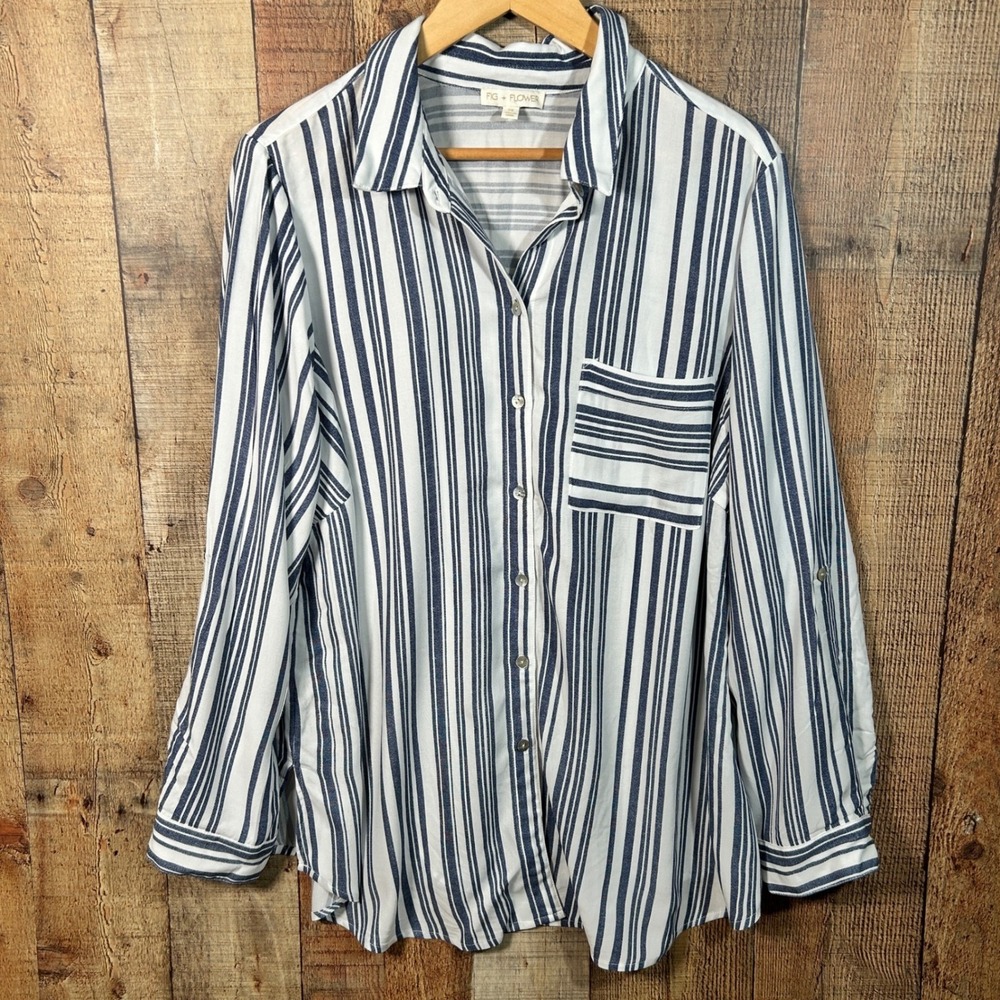 Fig + Flower Blue White Striped Rayon Button Down Roll Tab Sleeve Shirt 2X NWT